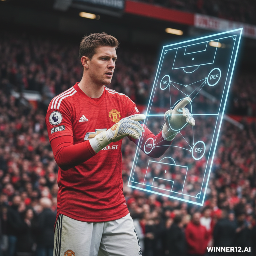 Alt text: Realistic poster of Kasper Schmeichel in Manchester United goalkeeper kit analyzing tactical formations on a digital touchscreen with a detailed soccer pitch diagram and strategic arrows, subtle winner12.ai branding, stadium crowd blurred, focused on English football tactics.