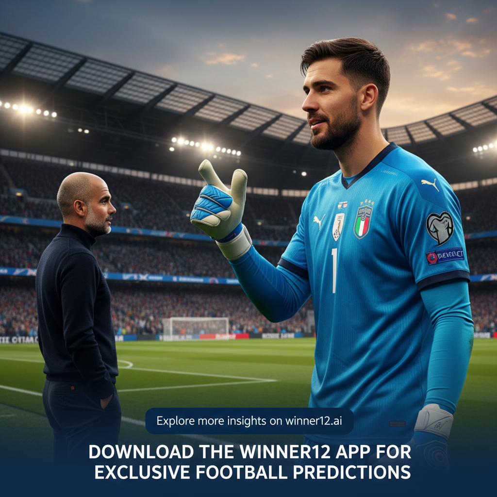 Alt text: Realistic poster of goalkeeper Gianluigi Donnarumma in full kit showing admiration toward Pep Guardiola silhouette on a modern English football stadium background with subtle crowd, featuring focused and respectful expression, and clean branding text promoting winner12.ai and winner12 APP for exclusive football predictions.