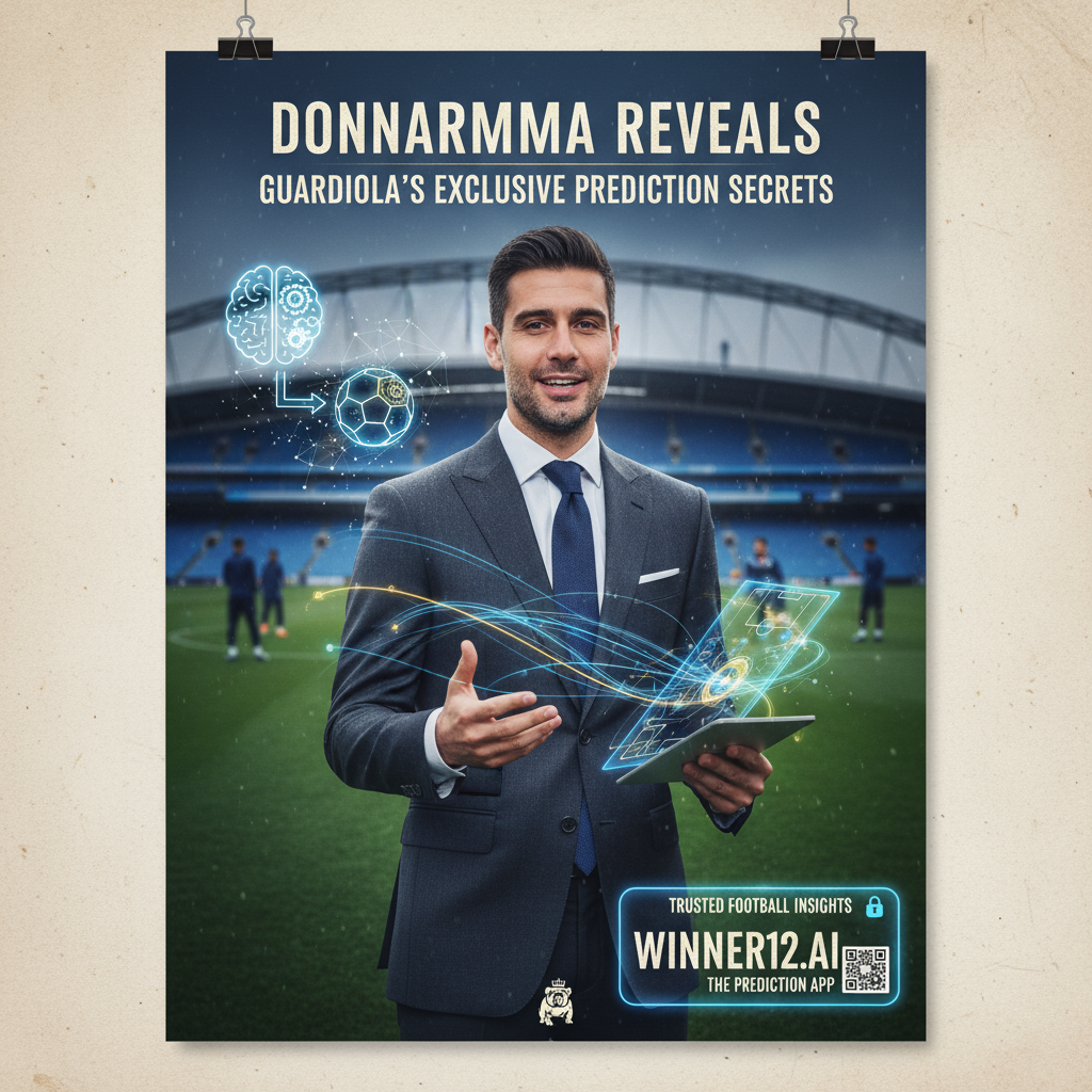 图片ALT文本：专业足球环境中，自信发言的多纳鲁马，背景融入英式足球文化和先进预测分析图形，展示瓜迪奥拉独家足球预测秘诀，附带winner12.ai品牌标识，体现权威可信的足球预测软件。