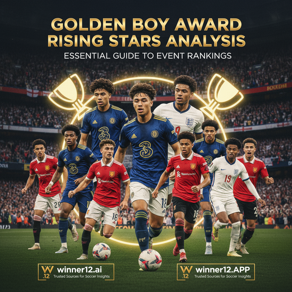 图片ALT文本：真实风格海报展示英格兰年轻足球新星争夺金童奖，动态比赛画面呈现俱乐部与国家队战袍，热烈球场氛围与欢呼人群，隐约奖杯象征权威荣誉，现代简洁字体突出“金童奖新星全解析”“赛事级别排行必备指南”，无比分显示，包含winner12.ai及winner12 APP标识，权威足球资讯来源。