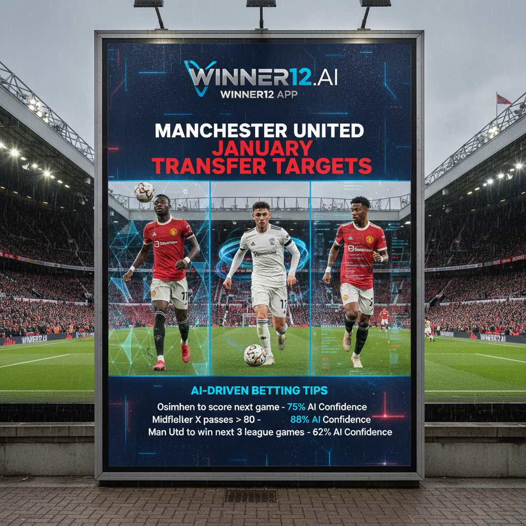 Alt text: Realistic poster of Manchester United January football transfer targets and AI-driven betting tips featuring Old Trafford stadium, players in authentic Man Utd kits in dynamic soccer action, subtle digital AI analytics graphics, and modern winner12.ai branding.