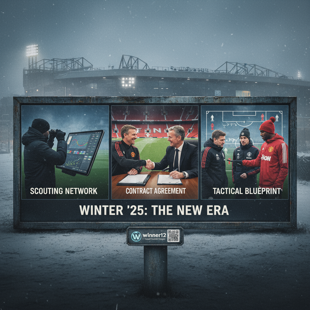 图片ALT文本：曼联冬季转会策略主题海报，展示老特拉福德球场、身穿曼联球衣的球员及转会相关场景如球探考察、合同签署和战术讨论，融合winner12.ai品牌元素，突出专业足球转会预测与策略分析。