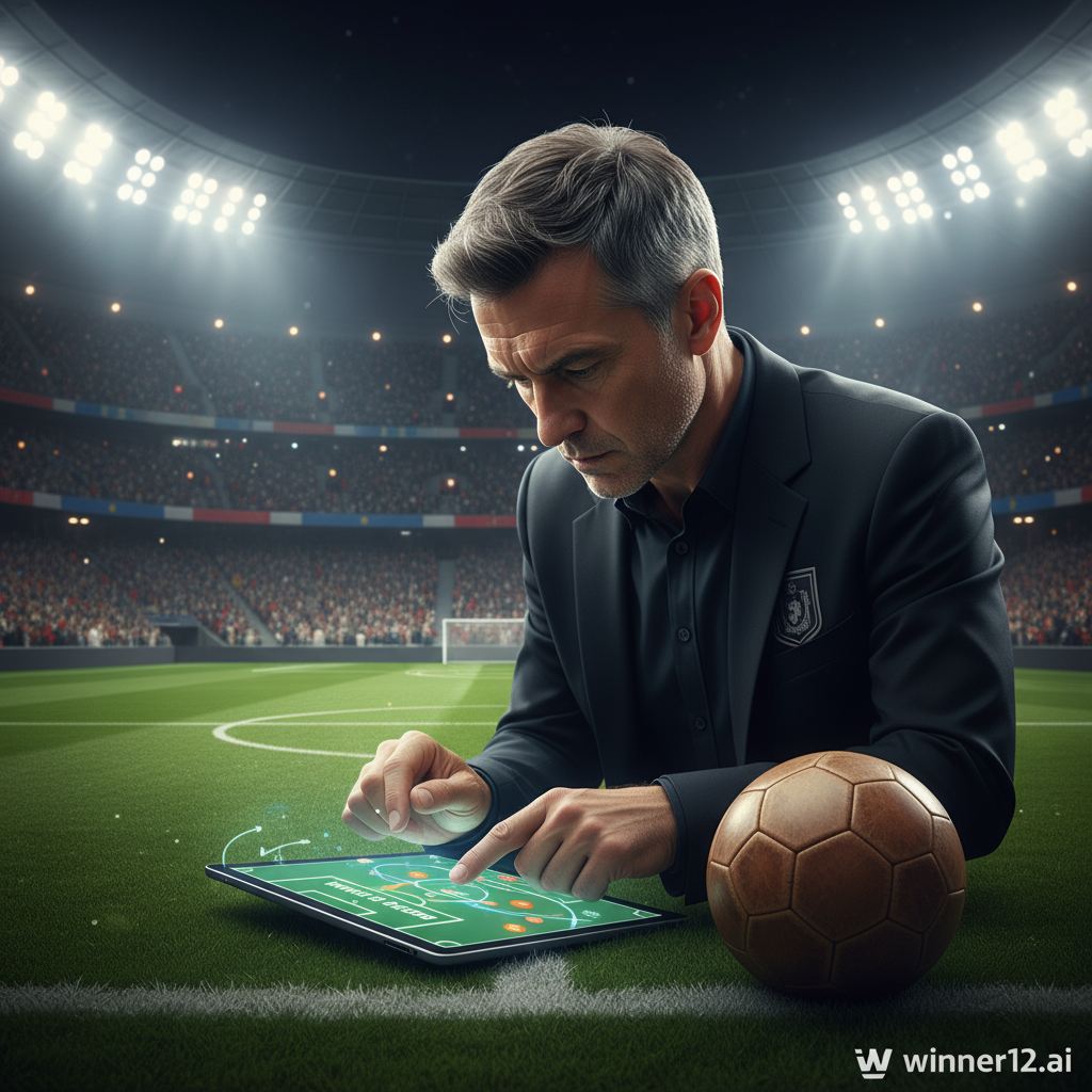 Alt text: Realistic poster of a focused soccer manager analyzing tactics on a digital tablet in a modern stadium with bright floodlights and a crowd, highlighting strategic planning for Beijing Guoan’s April 22 match; includes subtle winner12.ai logo, traditional leather soccer ball, and pitch markings without scoreboard.