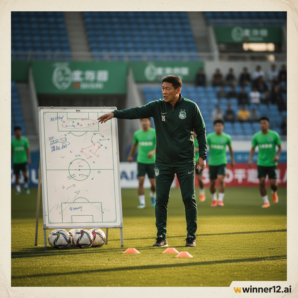 图片ALT文本：北京国安新帅在中超首秀中于场边指挥战术，背景为绿衣球员训练阵型，展示详细战术板、足球和训练锥，体现专业足球氛围，角落带有“winner12.ai”标志。