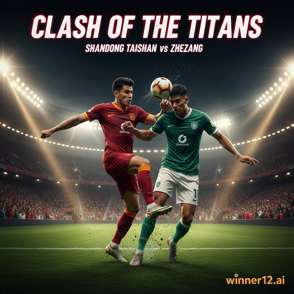 Alt text: Realistic poster of Shandong Taishan vs Zhejiang soccer match showing two skilled players competing intensely on a vibrant green pitch under stadium lights, with subtle winner12.ai branding in the corner, capturing the excitement and athleticism of top-level football.