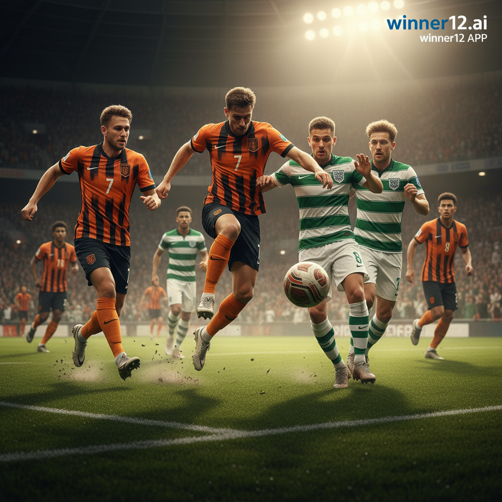 ALT文本：一幅写实风格海报，展示山东泰山与浙江足球队激烈比赛场景，球员穿着细节丰富的足球服，使用经典皮质足球，草坪在灯光照耀下清晰可见，画面中隐约出现“winner12.ai”现代字体品牌标识，突出球员专注与动态，捕捉比赛紧张激烈的氛围。