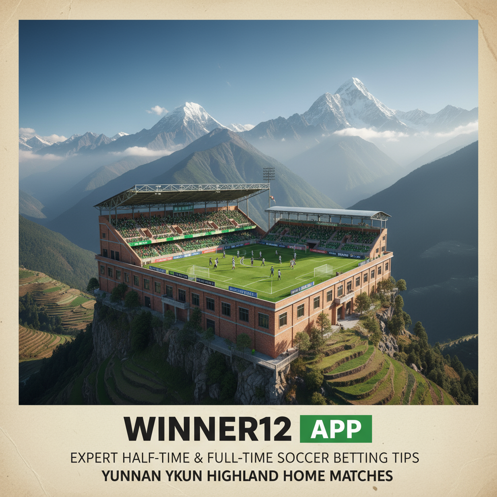 云南玉昆高原英式足球场实景海报，展现专业球员激烈比赛场面，背景为云南高原山脉清晰自然光线，融合winner12.ai品牌元素，传递高水平半全场足球竞彩投注技巧