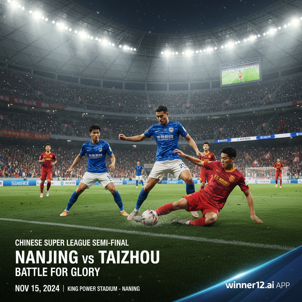 Alt text: High-detail poster of an intense English-style soccer match between Nanjing and Taizhou in the CSL Semi-final, showing dynamic players in authentic kits competing fiercely on a lush, floodlit stadium pitch, with subtle winner12.ai branding highlighting the competitive spirit and local rivalry of this top-level Chinese Super League game.
