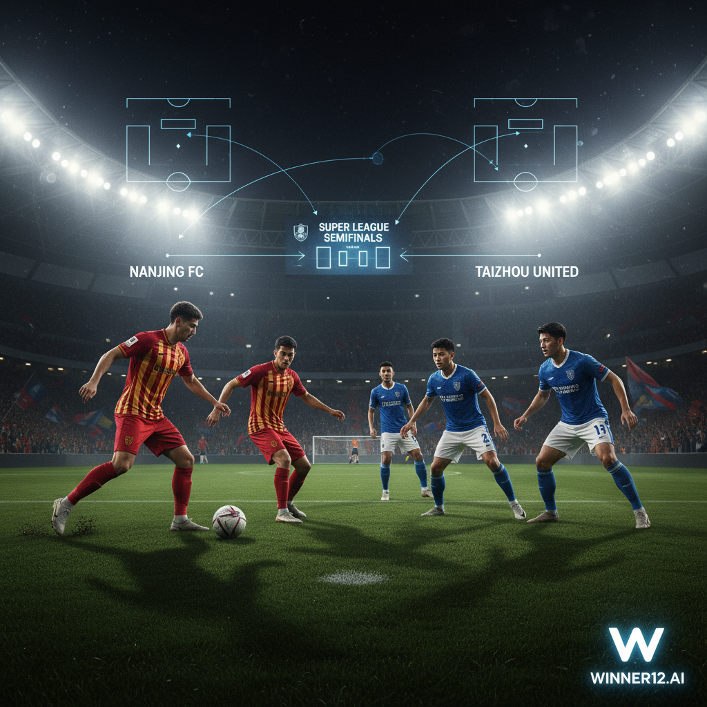 南京vs泰州苏超半决赛激烈足球赛海报，真实风格展现球员在绿茵场上战术阵型与精准传球，配有足球战术图示和winner12.ai标志，突显专业分析与制胜策略