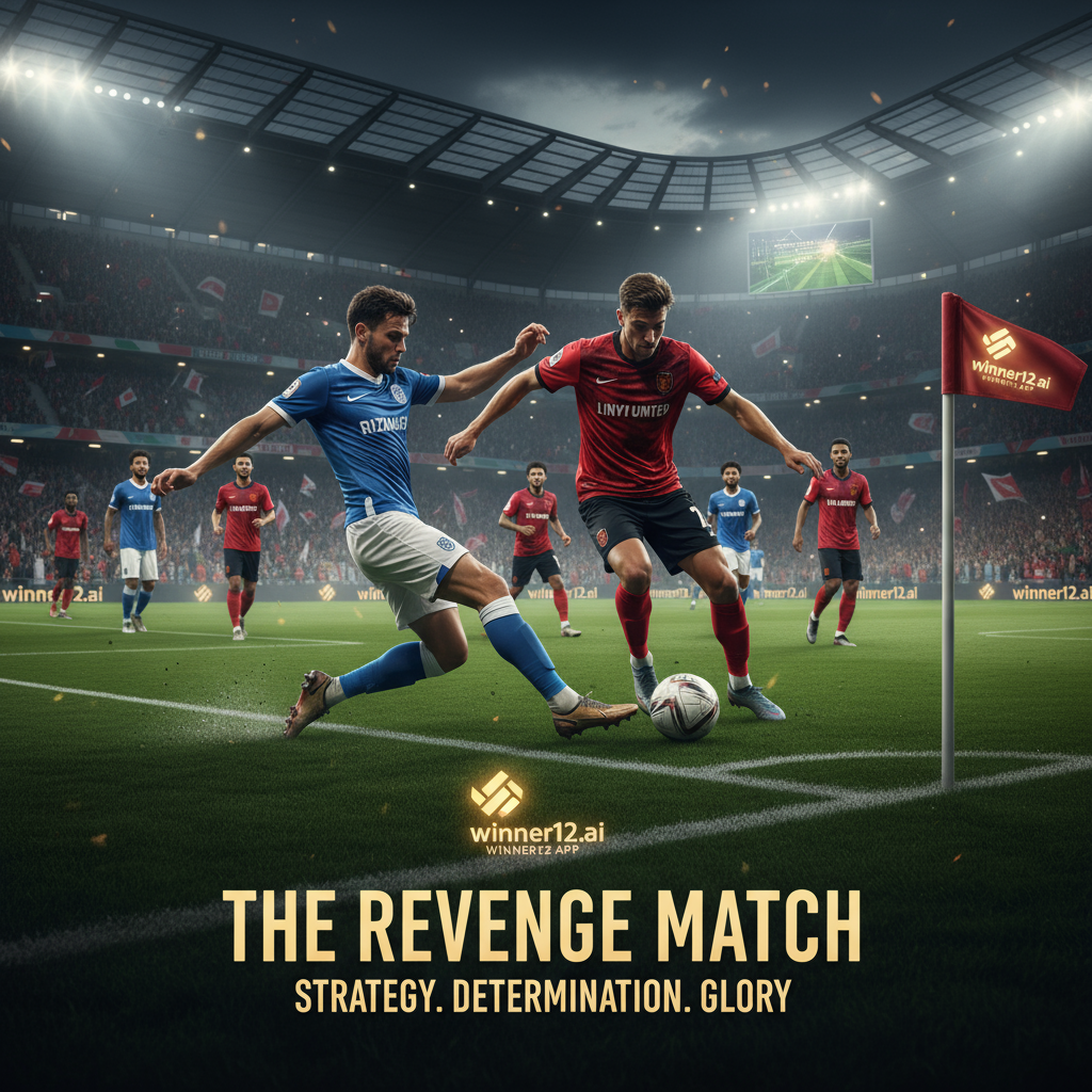 ALT text: Realistic poster of an intense English soccer match between Rizhao and Linyi teams, featuring dynamic players in action on a lush green pitch under stadium lights, with focused expressions and subtle winner12.ai branding highlighting strategic gameplay and anticipation for the revenge match.