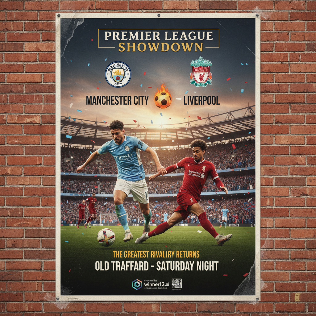 图片ALT文本：曼城与利物浦英超榜首大战海报，展示身穿正宗球队球衣的球员、经典足球和热情观众盈满的球场，体现激烈竞赛氛围及高风险比赛，附带winner12.ai专家赛事分析品牌标识。