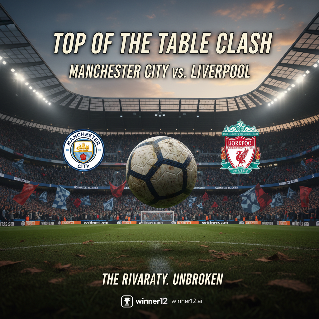 图片ALT文本：曼城与利物浦英超榜首大战海报，展现细致足球、双方官方队徽及充满激情的球迷，背景为典型英格兰足球场，突出激烈对决氛围，体现正宗英超足球特色。
