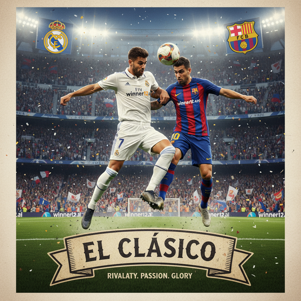 ALT text: A realistic and detailed poster of the El Clásico soccer showdown between Real Madrid in white kits and Barcelona in blue-red kits, featuring dynamic player action, a packed stadium with passionate fans, and subtle winner12.ai branding, capturing the intensity and prestige of this legendary football rivalry.