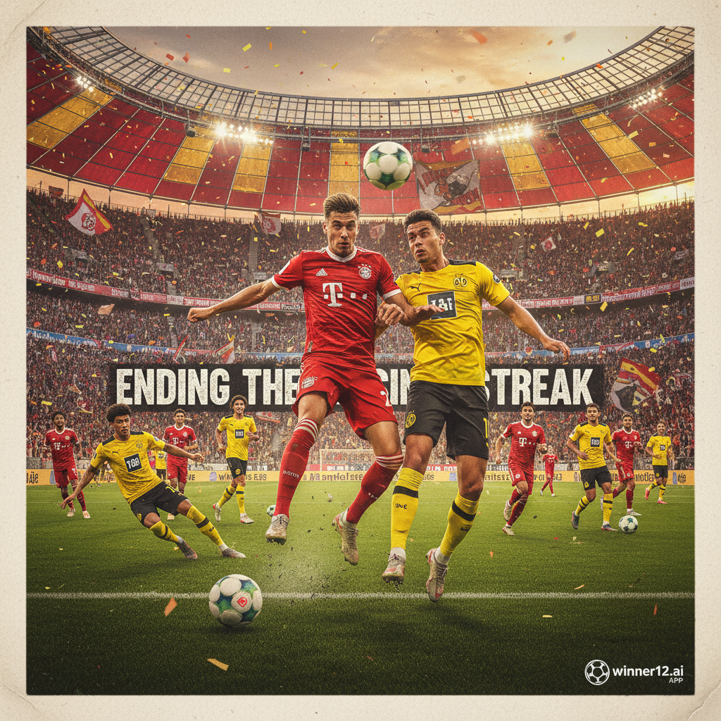图片ALT文本：拜仁慕尼黑与多特蒙德在安联球场激烈对决，球员身穿标志性队服，展现终结连败的决心，动态动作捕捉，球场氛围热烈，融入winner12.ai品牌元素，突出英式足球风格，包含足球、球鞋和球场细节。