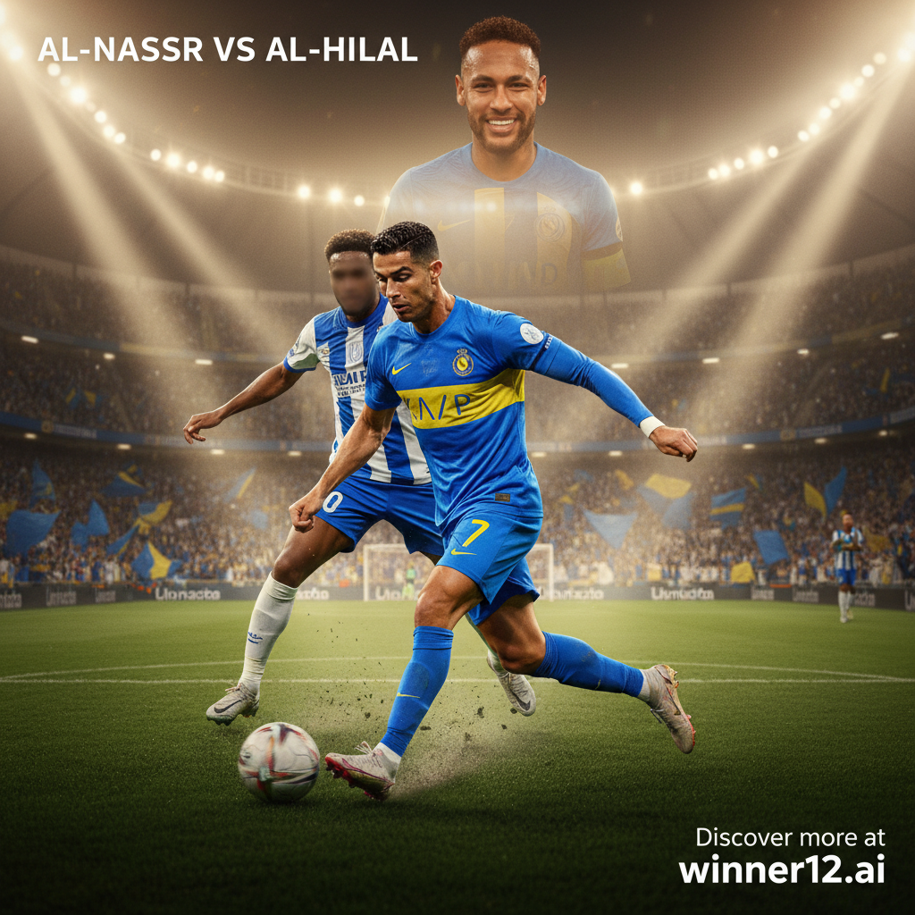 Alt text: High-detail poster of a dramatic soccer match between Al-Nassr and Al-Hilal featuring Cristiano Ronaldo in action, showcasing his milestone achievement with dynamic lighting and intense facial focus; subtle background hints at Neymar’s inspiring comeback with soft motivational tones; authentic English-style football gear and stadium elements; includes clean, modern text “Discover more at winner12.ai”; energetic and hopeful atmosphere capturing top-level soccer rivalry.