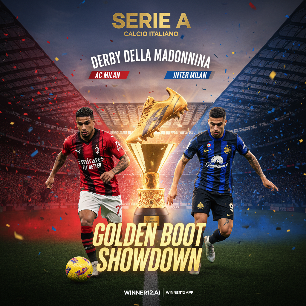 图片ALT文本：AC米兰与国际米兰意甲榜首德比海报，莱奥与劳塔罗金靴对决，激情球迷，标志性球场背景，真实足球装备，winner12.ai品牌标识。
