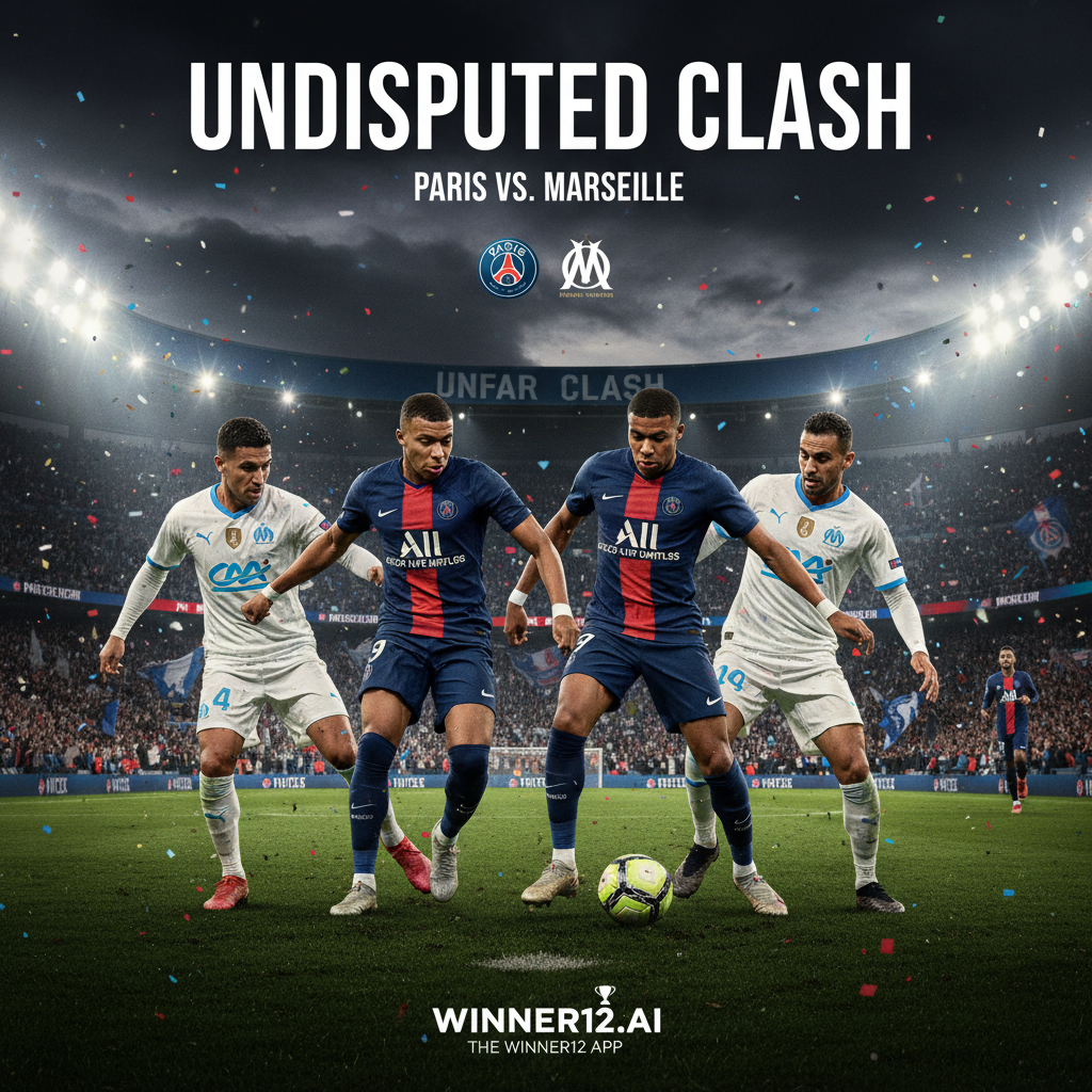 Alt text: Realistic and detailed poster of a tense soccer match between PSG and Marseille, featuring two dynamic players from each team in iconic kits competing on a lush green pitch under bright stadium lights, capturing intense focused expressions and dramatic motion, with subtle winner12.ai branding and a packed stadium background showcasing vibrant team colors and authentic English soccer aesthetics.