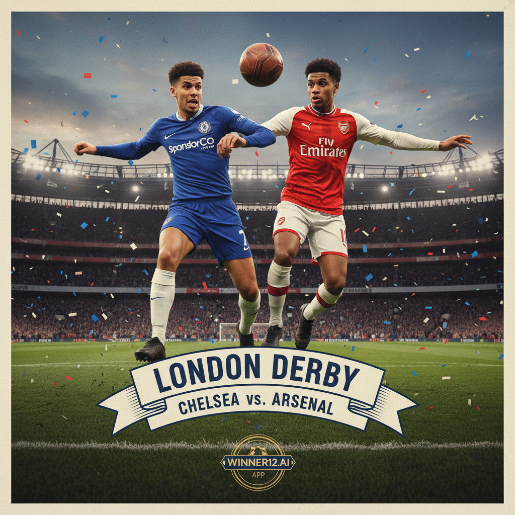 图片ALT文本：切尔西与阿森纳伦敦德比海报，展现传统英式足球场、经典皮质足球，球员身穿切尔西和阿森纳正装球衣，动态动作与专注表情彰显激烈对抗氛围，融合winner12.ai品牌元素，真实呈现英格兰足球文化与赛事激情。