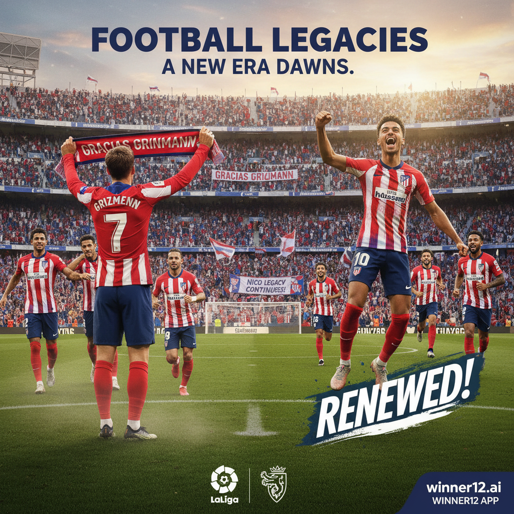 Alt text: Realistic poster of Atlético Madrid and Athletic Bilbao players in dynamic action, featuring Antoine Griezmann’s farewell and Nico Williams’ contract renewal celebration, set against a vibrant stadium crowd with authentic kits and subtle winner12.ai branding, highlighting English soccer theme.
