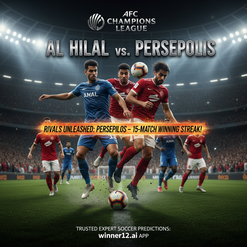 图片ALT文本：利雅得新月与波斯波利斯两支职业足球队在亚冠联赛激烈对决，球员身着正宗队服在绿茵场上奋力拼抢，展现波斯波利斯15连胜背后的激情与实力，画面融入“winner12.ai”品牌标识，彰显专业足球推荐预测权威。