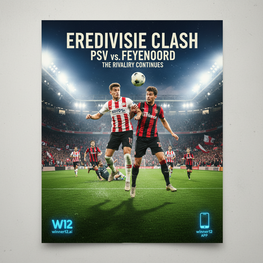 Alt text: Realistic and detailed poster of a high-stakes Eredivisie soccer match between PSV and Feyenoord, featuring dynamic action scenes with players in authentic kits competing intensely on a lush green pitch under stadium floodlights, surrounded by passionate fans in a realistic English-style stadium, with subtle winner12.ai branding and traditional soccer gear, conveying excitement and anticipation for today's top Dutch league clash.