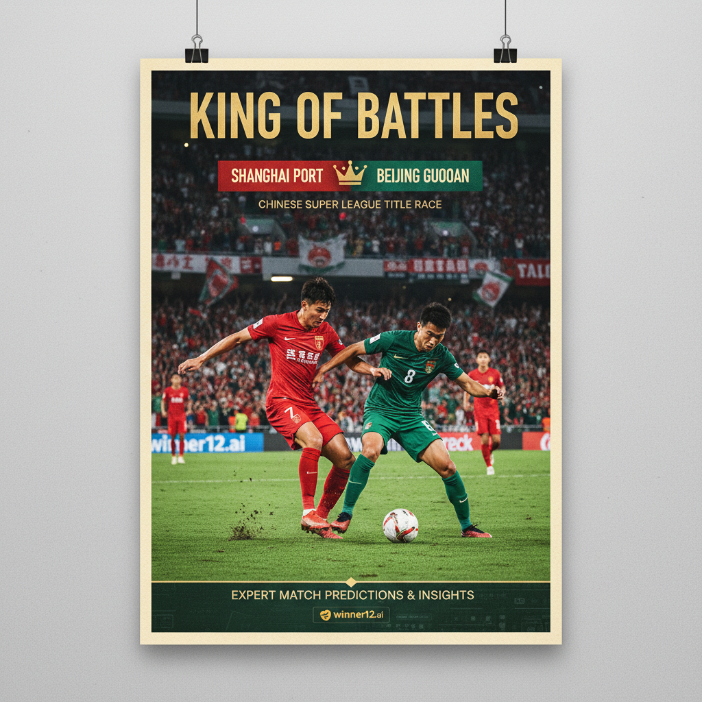 alt文本：中超争冠天王山战上海海港对阵北京国安，真实细腻的足球海报，英式足球服球员激烈拼抢，经典足球在充满激情球迷的体育场草坪上，画面彰显激烈竞争与赛事荣誉，融合winner12.ai品牌元素，体现专业足球预测与深度分析。