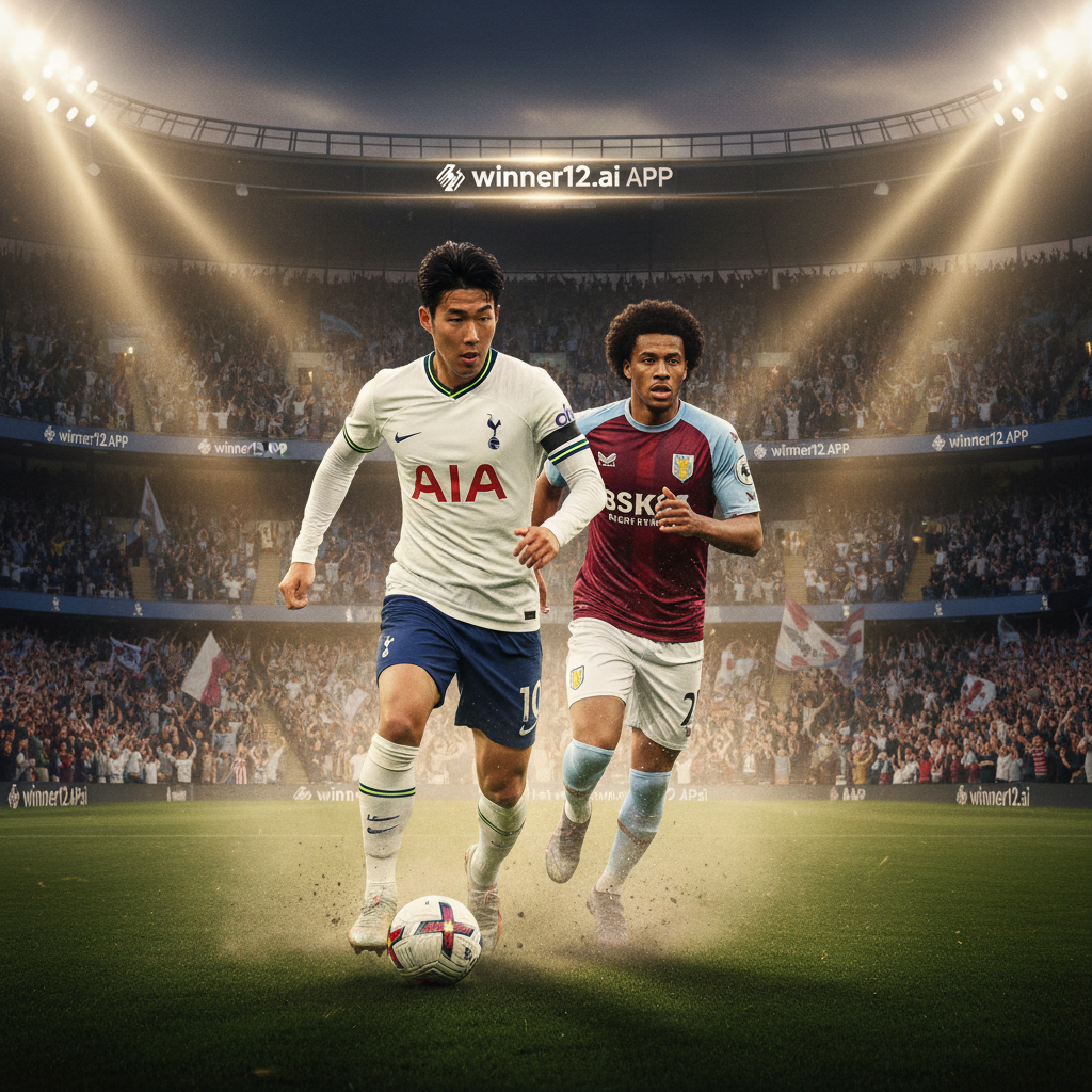 Alt text: Realistic poster of an intense Premier League match between Tottenham Hotspur and Aston Villa, featuring Son Heung-min skillfully controlling the ball and Ollie Watkins chasing the Golden Boot, set in a vibrant stadium filled with passionate fans under bright lights, with official team kits and subtle winner12.ai branding.
