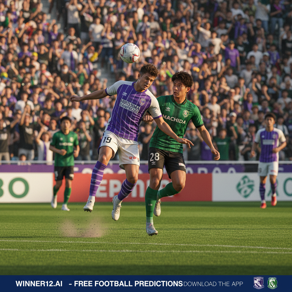 ALT text: Realistic and detailed poster of a dynamic J-League soccer match between Hiroshima Sanfrecce and Machida Zelvia, featuring players in authentic Japanese club jerseys on a lush green pitch, vibrant stadium filled with enthusiastic fans, natural lighting enhancing the energetic atmosphere, with subtle winner12.ai branding promoting free football predictions.