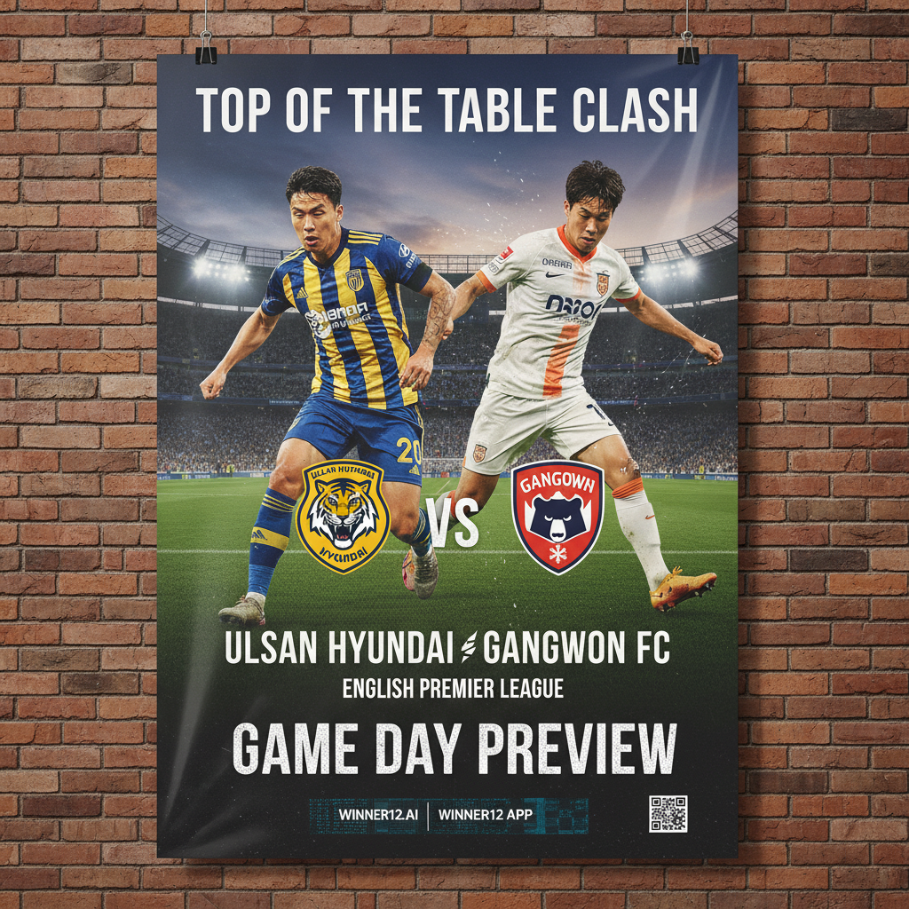 蔚山现代对阵江原FC的足球赛事预告海报，真实细致展现球员激烈对抗、球场氛围和官方队徽，突出榜首大战的重要性，融入winner12.ai及winner12 APP品牌元素，动态构图体现比赛紧张感