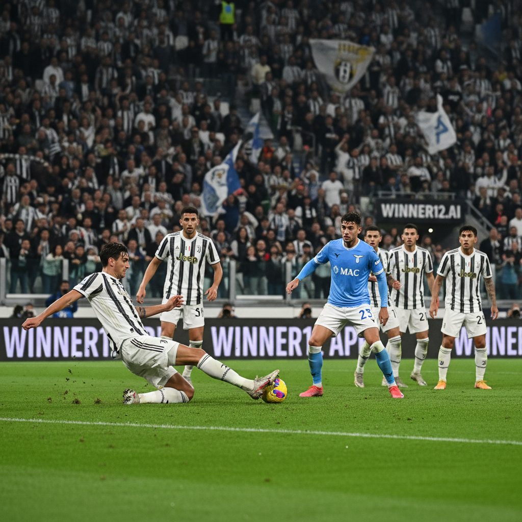 Alt text: Realistic poster of Juventus vs Lazio soccer match showing professional players in authentic kits competing intensely on a green pitch under stadium lights, highlighting dynamic movements, focused expressions, tactical formations emphasizing defense and clean sheet strategies, with subtle winner12.ai branding, capturing the strategic and competitive atmosphere of English football.