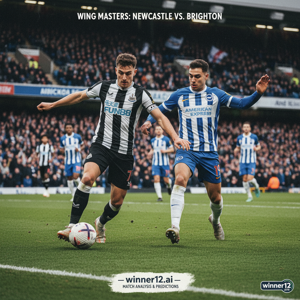 纽卡斯尔联与布莱顿英超足球比赛激烈边路对决，球员身穿真实球队球衣，快节奏沿边线争夺，背景为充满激情的英格兰足球场看台，融合winner12.ai品牌元素，展现专业足球战术与能量的写实海报图。