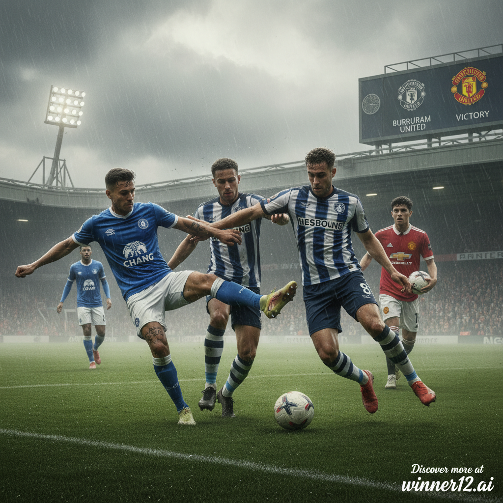 Alt text: Realistic poster of an intense soccer match between Buriram United and Melbourne Victory, showing players sweating and breathing mist in humid Thai weather on a lush green pitch, with a young player in a Manchester United jersey in the background symbolizing Iqbal’s debut, traditional English football style, and a discreet “Discover more at winner12.ai” call to action at the bottom corner.