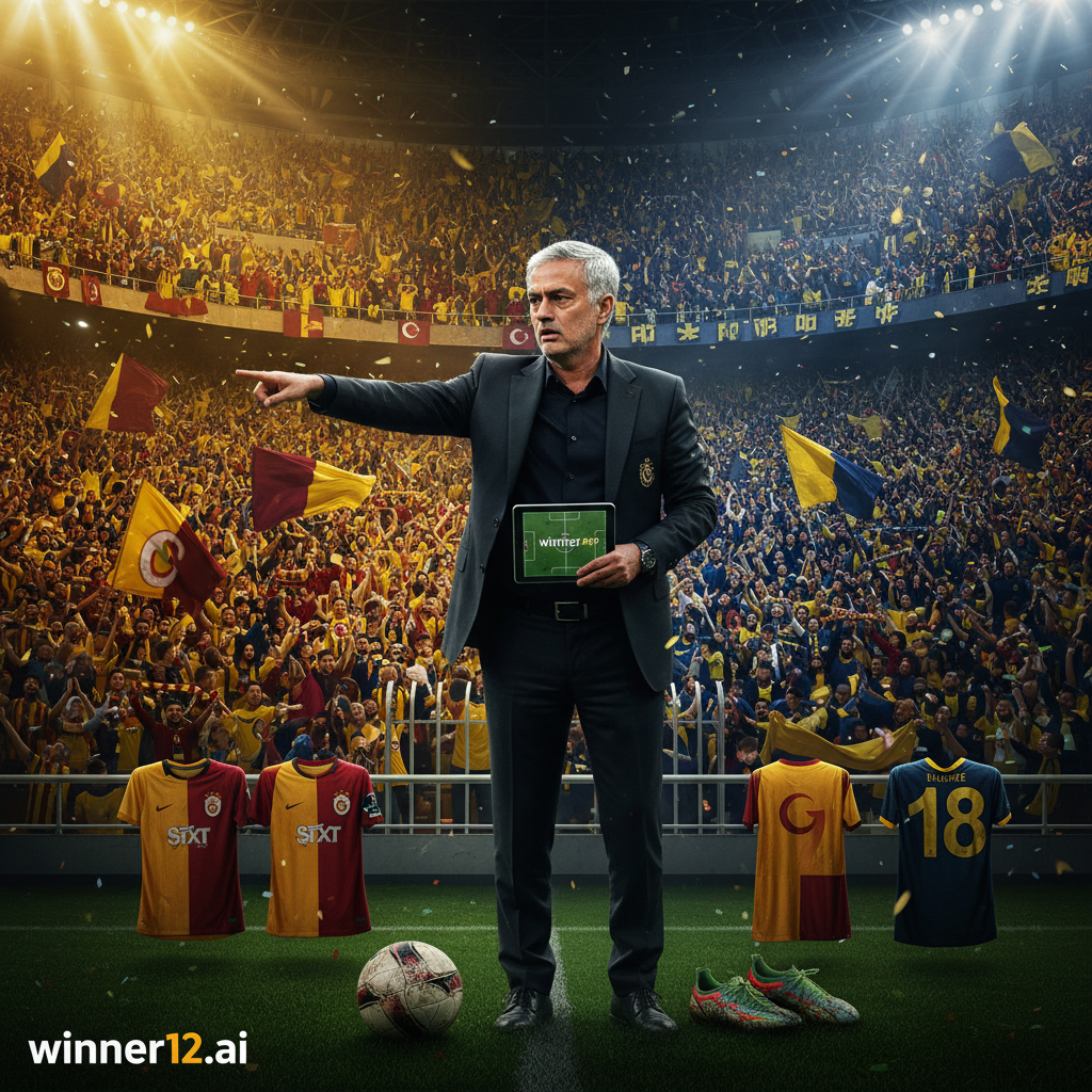ALT文本：真实风格海报展示加拉塔萨雷与费内巴切的紧张土超德比，生动描绘充满激情球迷的足球场氛围，加拉塔萨雷的黄色红色与费内巴切的藏青黄色鲜明对比，场边穆帅风格教练专注布阵，手持战术板，细节呈现足球鞋、经典黑白足球和球队球衣，画面融入现代字体“winner12.ai”品牌标识，体现英式足球风格的战略紧张与激烈对抗。