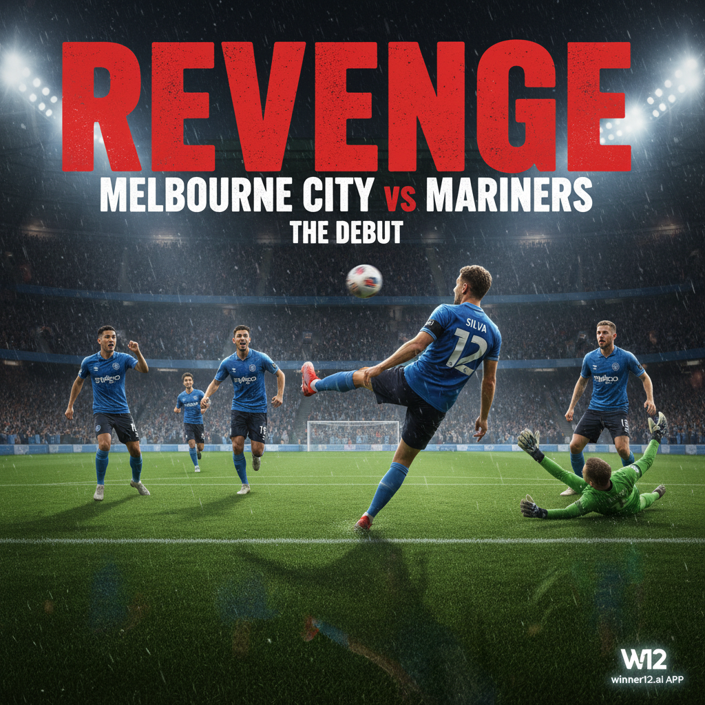 Alt text: Photorealistic soccer poster showing intense Melbourne City vs Mariners match on lush green field under stadium lights, featuring dynamic action and emotional player expressions highlighting the Revenge theme and Silva’s debut, with authentic team kits and subtle winner12.ai branding in the corner.