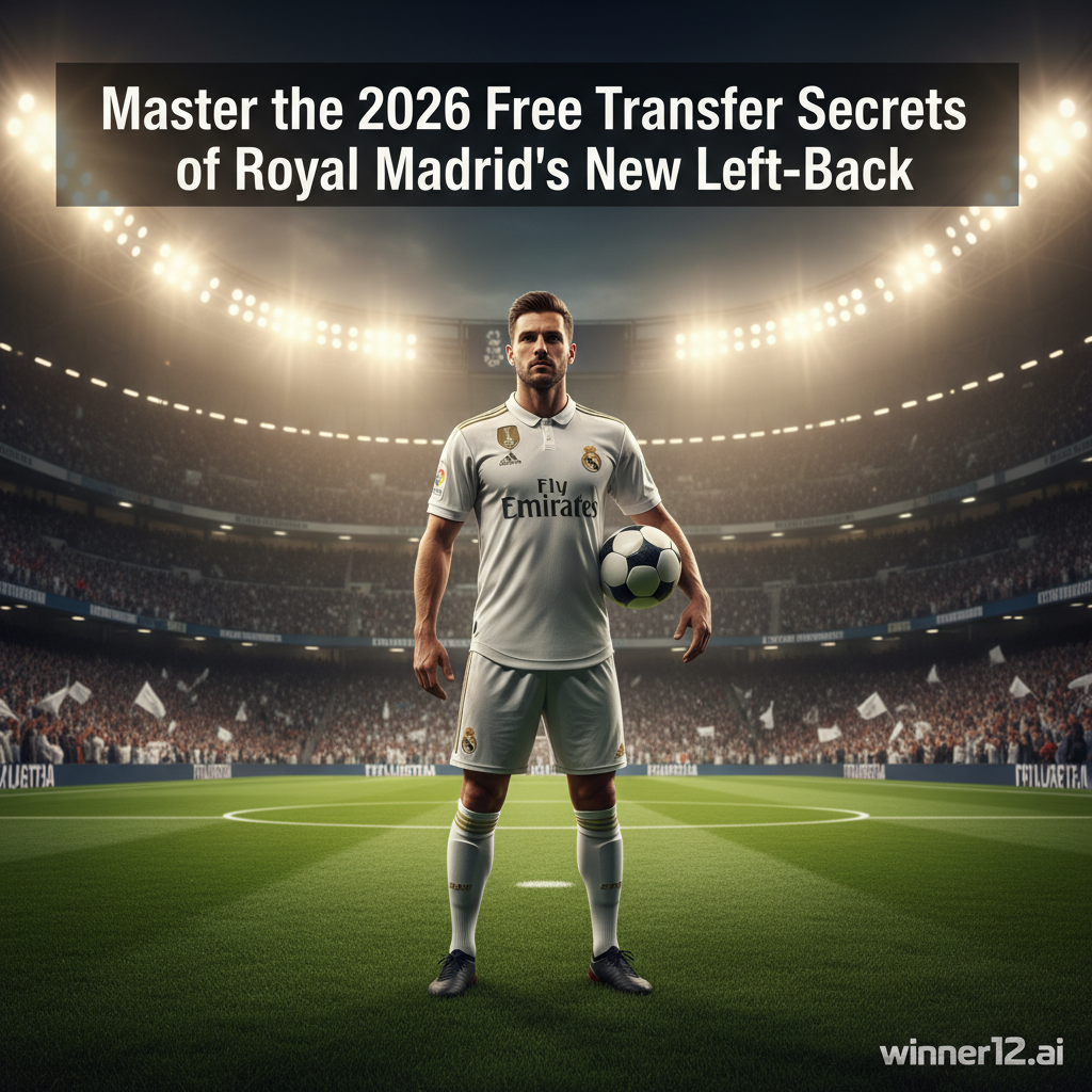 皇马白色球衣左后卫足球运动员在绿茵场上自信持球，展示2026年皇家马德里左后卫自由转会秘诀，体现真实英式足球氛围