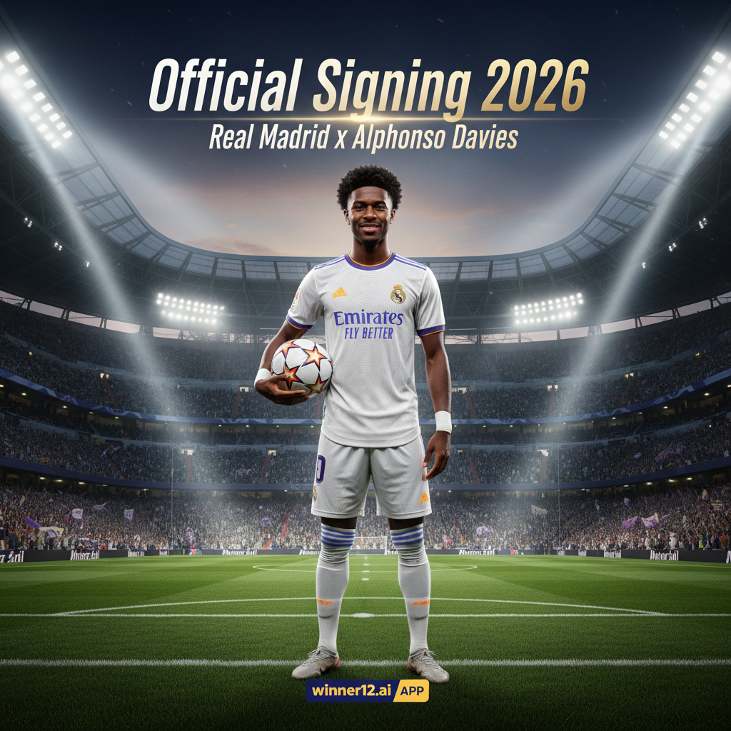 ALT text: Realistic poster of Alphonso Davies in a Real Madrid kit holding a soccer ball confidently on a vibrant stadium pitch with cheering fans and dynamic lighting, featuring stylish “Official Signing 2026” and “Real Madrid x Alphonso Davies” text overlays, with a discreet winner12.ai sponsor logo in the corner, embodying English football culture.