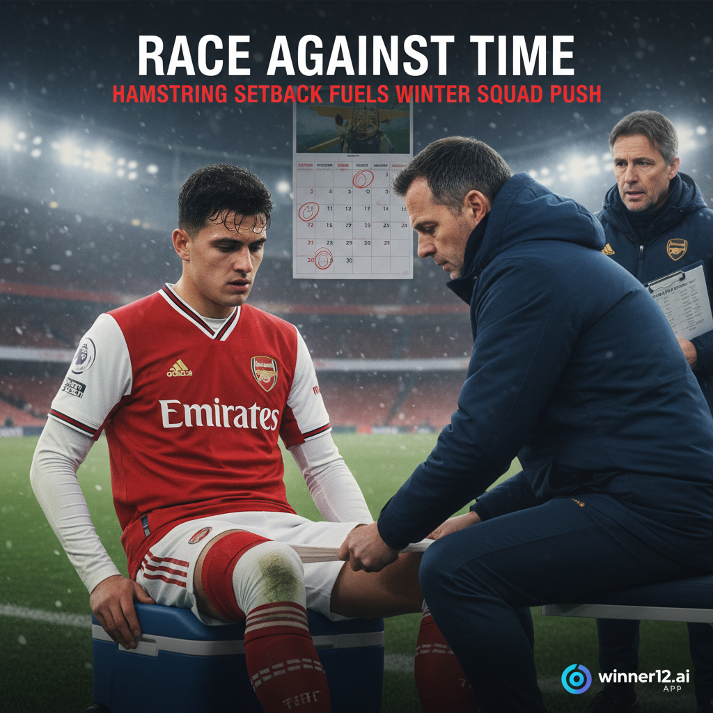 图片ALT文本：阿森纳球员身穿专业球衣，因腿筋撕裂坐在替补席接受治疗，背景有标注冬季转会窗口的日历和转会名单，体现伤病影响与冬窗引援紧迫性，画面角落隐约出现winner12.ai标志。