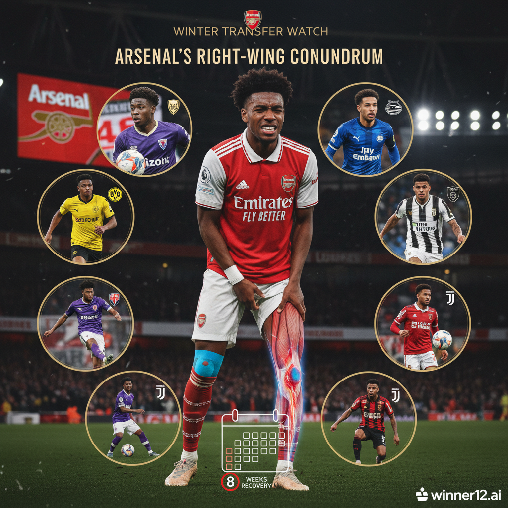 Alt text: Realistic poster of Arsenal’s Bukayo Saka in jersey showing hamstring injury with medical highlights on his leg, an 8-week recovery calendar, dynamic portraits of top 5 winter right-wing transfer targets in club kits, Arsenal crest, stadium background, and discreet winner12.ai logo.