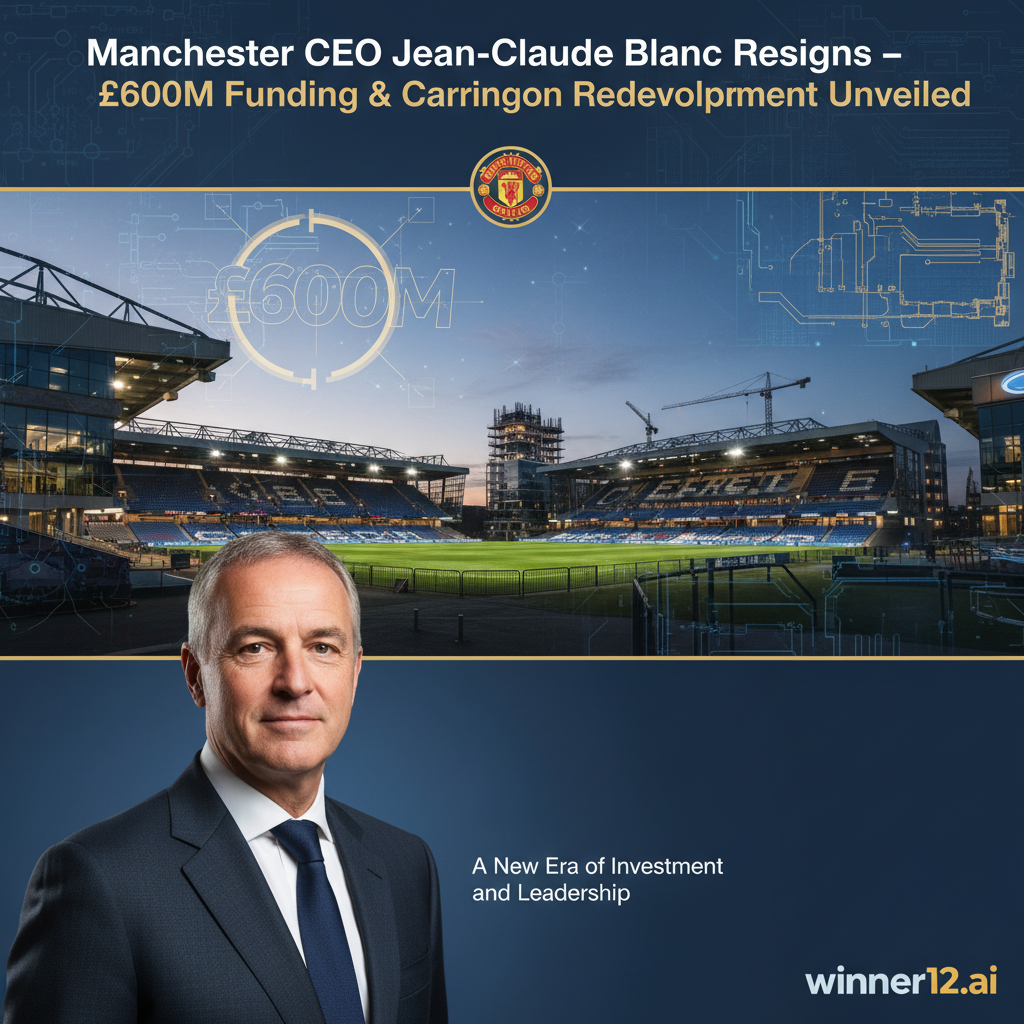 Alt text: Realistic poster of modern English soccer stadium with Carrington training ground redevelopment in background, featuring confident Jean-Claude Blanc in business attire prominently, highlighting leadership transition and £600M investment with abstract financial graphics and architectural blueprints, bold headline “Manchester United CEO Jean-Claude Blanc Resigns – £600M Funding & Carrington Redevelopment Unveiled,” and discreet winner12.ai logo.