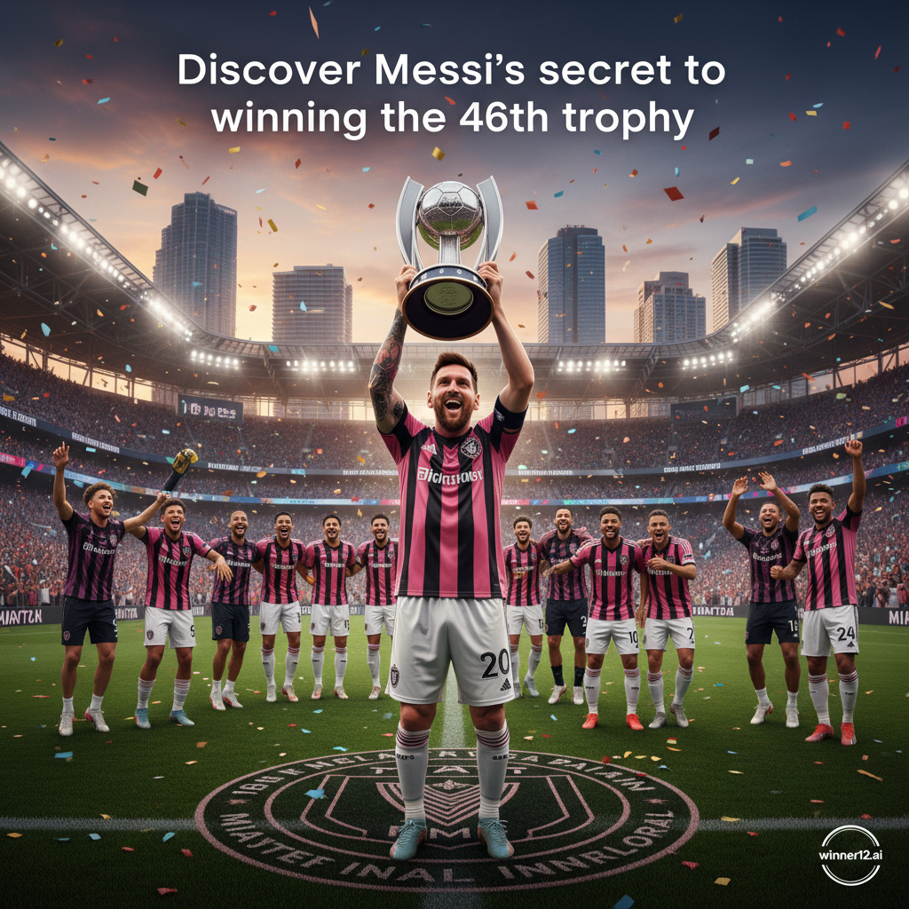 梅西身穿迈阿密国际队球衣，在绿茵场上举起支持者盾奖杯，身旁队友欢庆，背景为灯光璀璨的迈阿密天际线和热情观众，海报文字“揭秘梅西第46冠助迈阿密国际首夺支持者盾秘诀”，真实足球场景，带有winner12.ai水印。