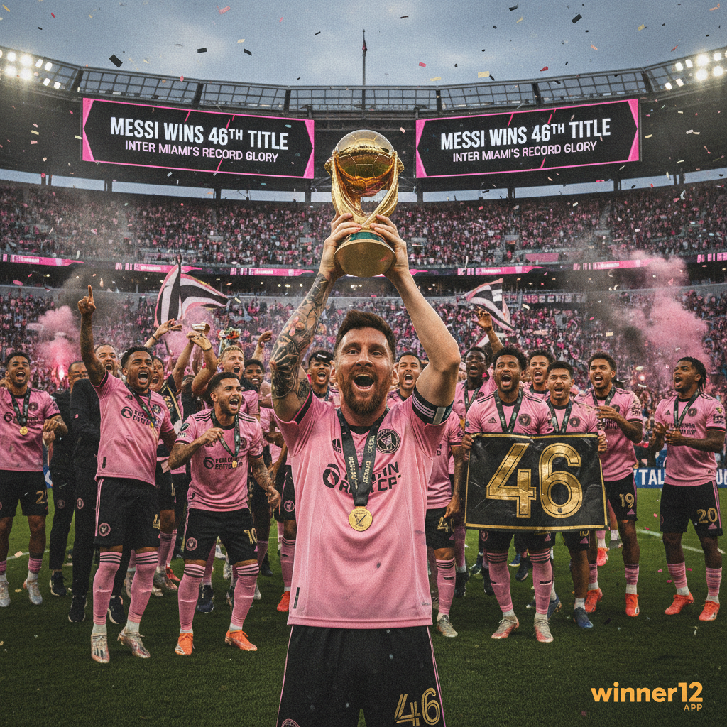 ALT text: A dynamic and realistic poster of a celebrated soccer player wearing an Inter Miami jersey, holding a trophy high above his head in a vibrant stadium filled with cheering teammates and fans. The number 46 is subtly highlighted to mark his record titles. Text reads “Messi Wins 46th Title” and “Inter Miami’s Record Glory” in sleek, modern fonts. The winner12.ai logo is discreetly placed in the corner, capturing the authentic English soccer culture and the atmosphere of victory.