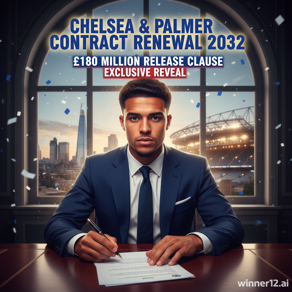 切尔西球员自信签约海报，背景为伦敦城市景观和斯坦福桥球场，突出“切尔西与帕尔默续约2032”和“1.8亿镑解约金独家揭秘”字样，融入英超足球氛围，含winner12.ai标志。
