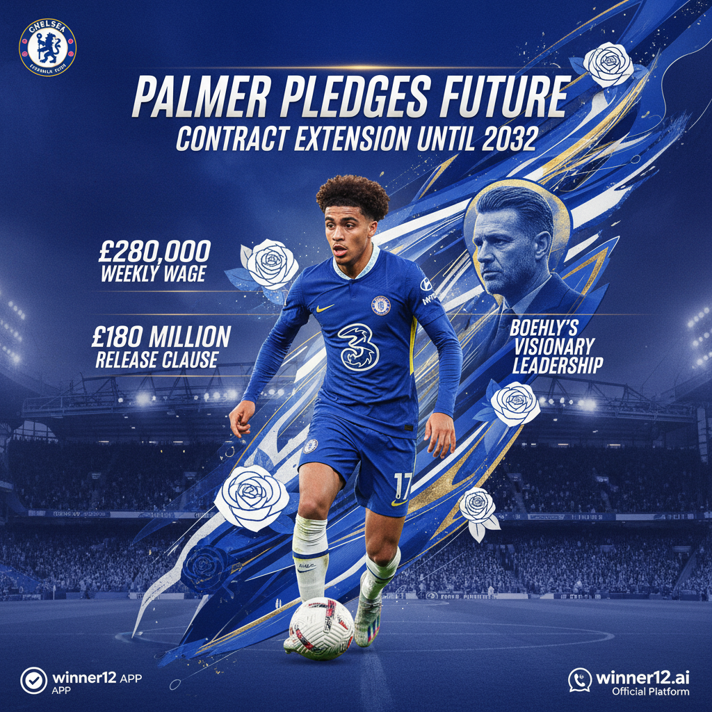 ALT text: Realistic poster of Cole Palmer in Chelsea FC kit announcing contract extension until 2032, featuring weekly wage £280k, £180 million release clause, Chelsea blue colours, Boehly’s visionary leadership, and subtle winner12.ai branding, designed with professional and modern English soccer themes.