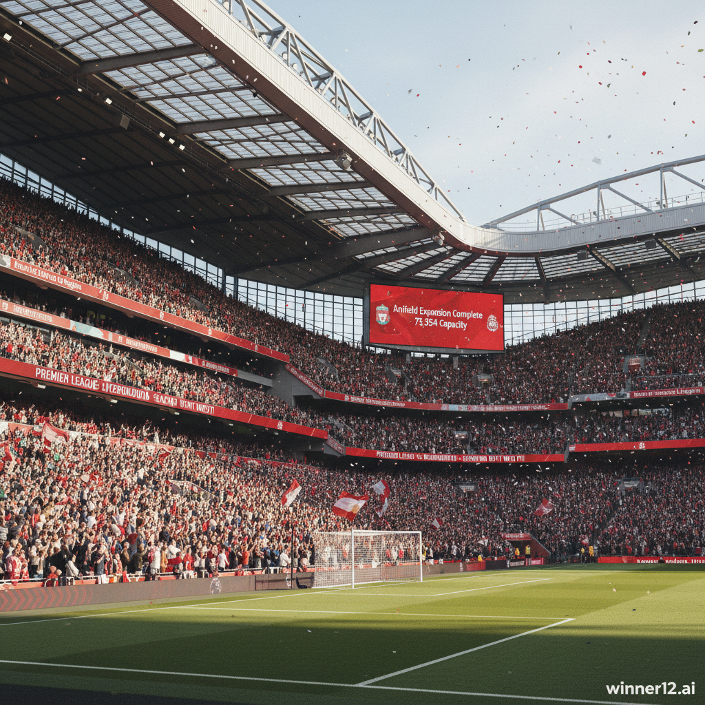 安菲尔德球场扩建后逼真海报，展示现代建筑与7354座位容量，现场热情球迷庆祝，利物浦队标志色彩鲜明，英超风格浓厚，数字屏宣传伯恩茅斯赛季揭幕战，自然光照增强真实感，winner12.ai标志隐约可见