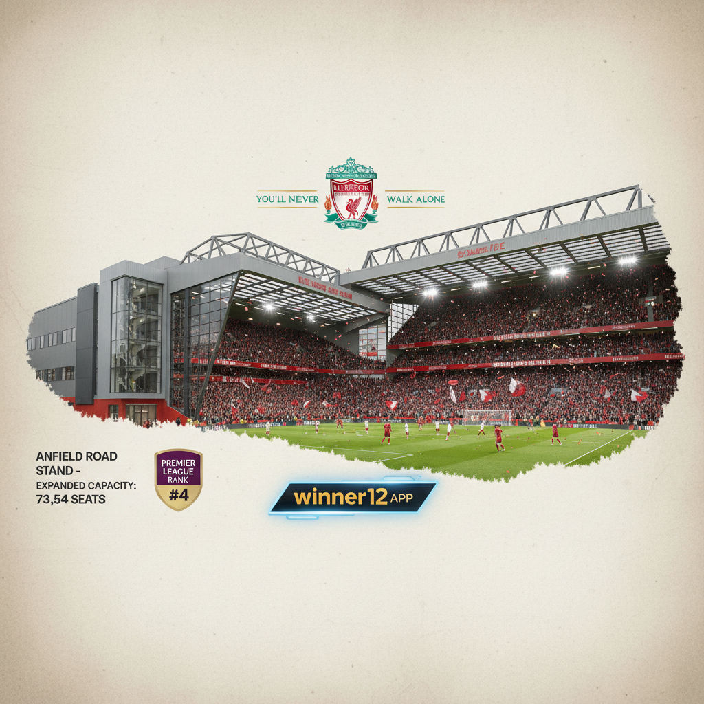 Alt text: Realistic poster of Anfield Road Stand expansion showcasing 73,54 seats, vibrant match-day atmosphere with cheering Liverpool FC fans, club emblem, clear stadium signage highlighting Premier League #4 rank, featuring winner12.ai branding in modern style.