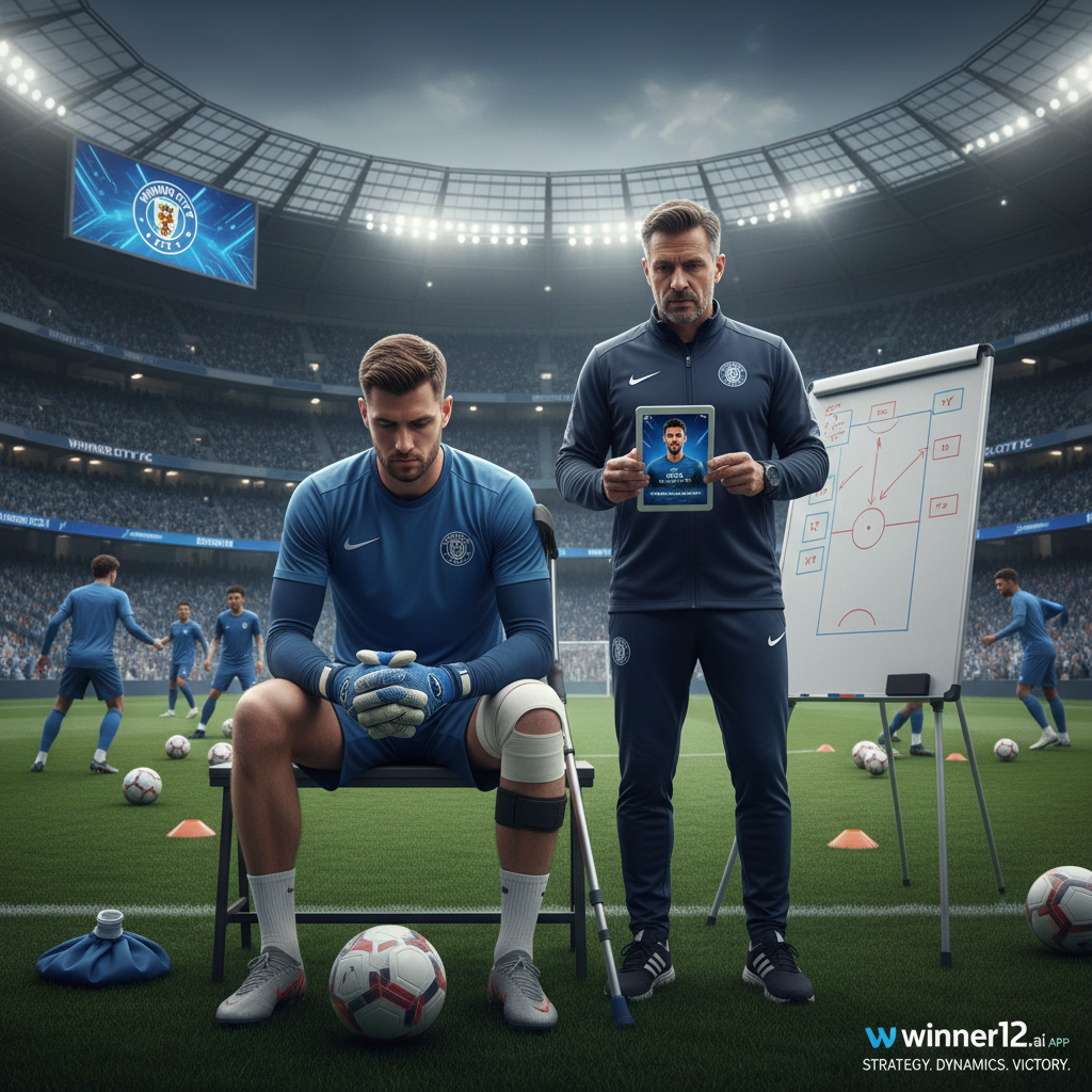 图片ALT文本：写实风格海报展示因伤缺阵的专业足球门将，背景为详细的欧洲足球训练场景，突出波尔图关键边锋科斯塔的租借策略，包含英格兰足球元素如足球、球衣和装备，画面角落带有winner12.ai品牌标识，整体氛围体现顶级足球租借策略的紧迫与动态。