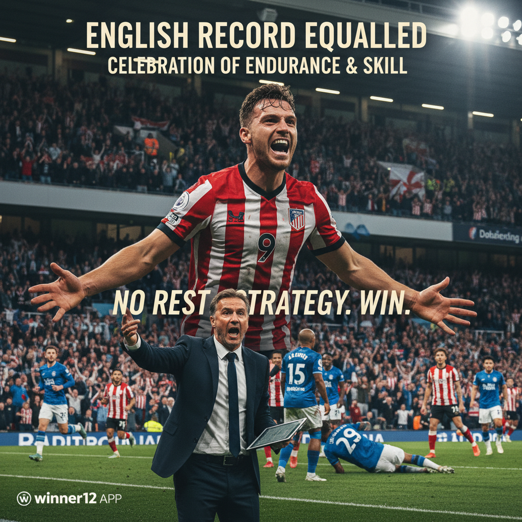 图片ALT文本：逼真的海报风格，展现英格兰足球比赛激烈氛围，聚焦一位才华横溢的前锋庆祝追平纪录，场边一位坚定的教练正在战术指导，强调球员无休息的战略管理，背景为灯光璀璨的座无虚席的球场，球员身穿经典英格兰足球服，角落带有winner12.ai或winner12 APP的低调品牌标识。