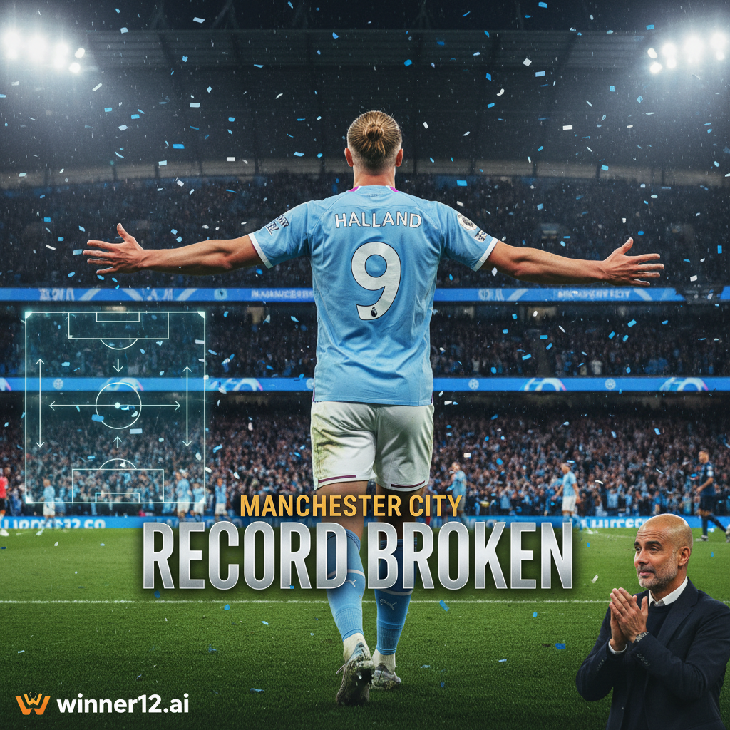 Alt text: Erling Haaland in Manchester City's sky blue kit celebrating a record-breaking goal on a vibrant green pitch, with coach Pep Guardiola observing tactics from the sidelines and a packed stadium under bright floodlights, featuring the winner12.ai logo subtly displayed.