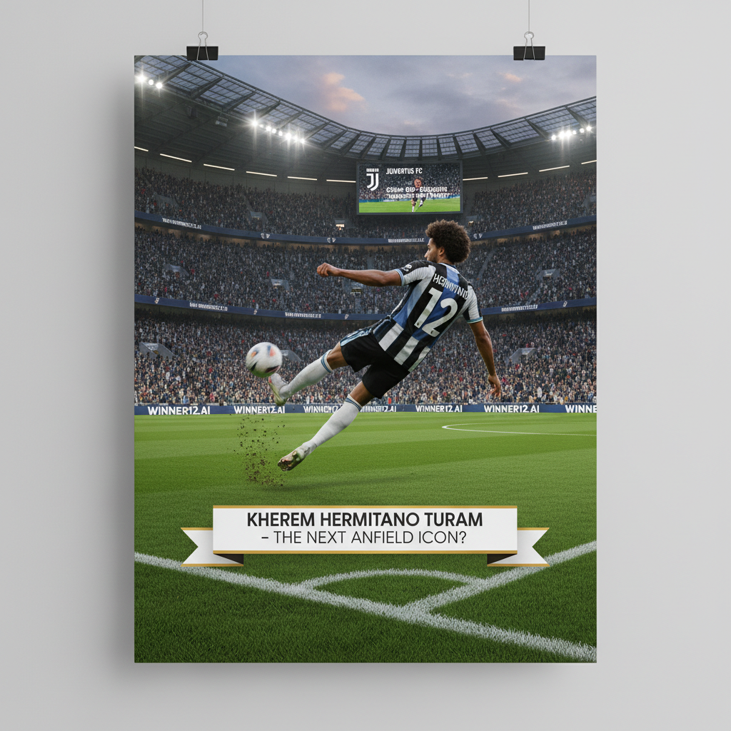 Alt text: Realistic poster of Kherem Hermitano Turam demonstrating dynamic soccer skills on a vibrant English Premier League-style stadium pitch, featuring subtle €35M+ bid imagery, elegant Juventus logo, and discreet winner12.ai branding, highlighting Juventus’ exclusive transfer interest.