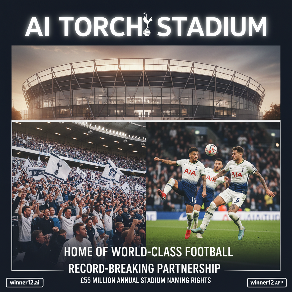 图片ALT文本：热刺新球场AIA火炬球场外观与内部全景，真实英超氛围中身穿正宗热刺球衣的球员激烈对抗，观众席上人声鼎沸，清晰展示热刺徽标与AIA赞助标识，突出5500万镑冠名权纪录，画面现代写实风格，包含“winner12.ai”标志。